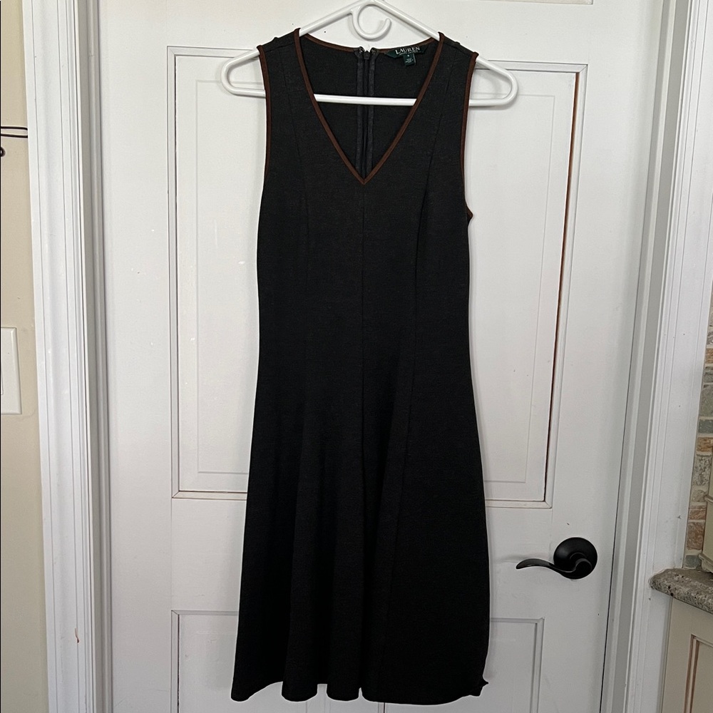 Lauren Ralph Lauren Gray Ponte Knit Fit and Flare V-Neck Midi Dress
